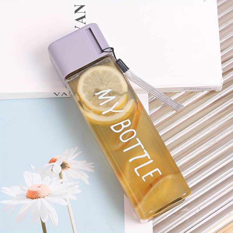 Simple Square Water Bottle, 500ml Plastic Water Cup, Transparent My Bottle With Hanging Rope, Large Mouth Water Cup With Lifting Rope And Lid Simple Square Water Bottle, 500ml Plastic Water Cup, Transparent My Bottle With Hanging Rope, Large Mouth Water Cup With Lifting Rope And Lid